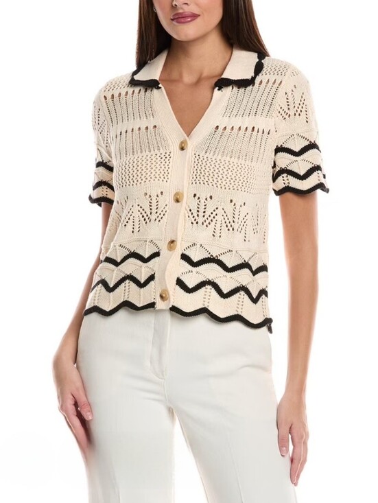 Nanette Lepore Tops - Nanette Lepore NWT Open Knit Cardigan Sweater Cream Black Scallop Trim Size M.